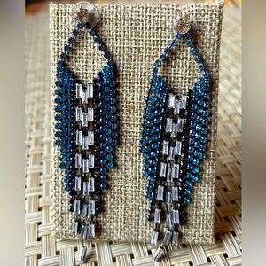 Elegant chandelier silver tone, blue crystal earrings.